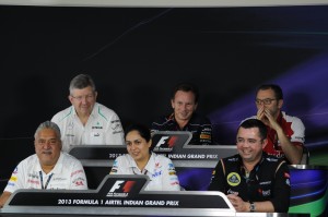 Vijay Mallya (left, bottom row) at the Friday FIA Press Conference at BIC. Photo by Scorp News