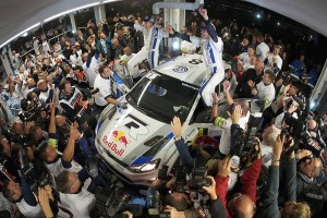 SEbastian Ogier and co-driver Julien Ingrassia win the WRC drivers' title with two rounds to spare after Day 1 at Rally France are greeted by fans. A Volkswagen photo
