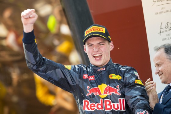 Max Verstappen celebrates after winning the Spanish GP on Sunday. An FIA image