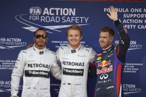 Mercedes qualifies 1-2 for Spanish GP. Rosberg is flanked by Hamilton on his right and Seb Vettel on Saturda. A Mercedes photo