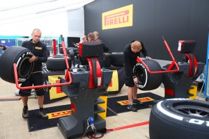 Tyres being prepared in the fitting area. A Pirelli photo