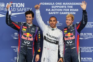 Hamilton (centre) takes the pole at Spa on Saturday. A Mercedes AMG Petronas photo