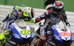 Rossi of Yamaha congratulates winner Lorenzo (right) on Sunday. Photo courtesy Yamaha Factory Racing. 