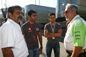 Vickey Chandhok (left), Karun Chandhok (2nd from left) and Vijay Mallya (right) at the British GP. File photo by Adrenna Communications.