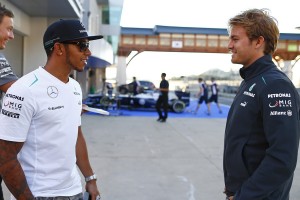 Hamilton (left) and teammate Nico Roseberg at the Korean GP on Saturday. An FIA photo