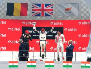 From left: Dejonghe (2nd), Svendsen-Cook (winner), Ellinas (3rd) on the podium after winning the MRF Challenge 2013 Race 2 on Sunday at BIC. An MRF photo