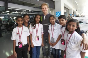 Laureus ambassador Nico Rosberg with school children at BIC on Thursday. A Laureus Sports photo
