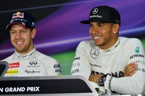 Vettel and Hamilton in a jovial mood during the FIA Press Conference after qualies on Saturday. A BIC photo