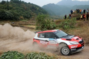 Gaurav Gill of India pilots the MRF Skoda to finish Day 1 and take the APRC titles in the China leg on Saturday. An Adrenna Communications photo