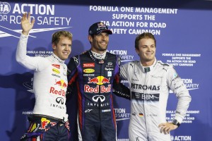 From left: Sebastian Vettel, Mark Webber, Nico Rosberg after the qualification at the Abu Dhabi GP on Saturday. Webber took the pole position. An FIA photo