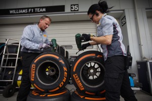 Wheel checks on Pirelli tyres at the US GP in Austin on Friday. A Pirelli photo