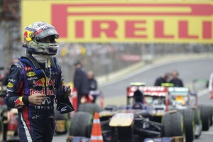 Sebastian Vettel (Red Bull) in parc fermé after having set pole position for Brazilian Grand Prix on Saturday at Interlagos circuit. A Pirelli photo