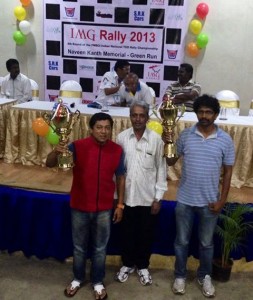 Sujith Kumar (red shirt) and Chidanand (right) who won the Pro Stock class in the IMG Rally on Sunday. Photo courtesy Sujith.