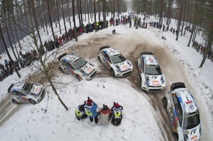 A sequency shot of Jari-Matti Latvala/Miikka Anttila (FIN/FIN), drifting their Volkswagen Polo R WRC car on Day 2 of Sweden Rally as they take lead. A Volkswagen photo