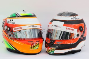 The Helmets of Sergio Perez (left) and Nico Hulkenberg,for 2014. ASahara Force India Photo. 