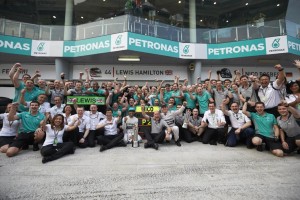 Mercedes AMG Petronas team after their second consecutive win of the season in Sepang on Sunday. A Mercedes AMG Petronas team photo