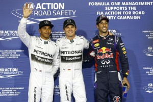 Roseberg flanked by Hamilton on left and Ricciardo after taking Bahrain pole on Saturday. A Mercedes AMG Petronas photo