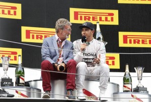 Hamilton at podium interview after winning the Spanish GP on Sunday. A Mercedes AMG Petronas image