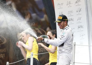 Hamilton celebrates on the podium after winning the Spanish GP on Sunday. A Mercedes AMG Petronas image