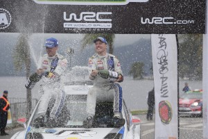 Latvala-Anttila of Volkswagen celebrate after winning Argentina Rally. A Volkswagen Motorsport image
