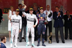 Rosberg flanked by Hamilton on right and Ricciardo after winning the Monaco GP to take the F1 Championship lead again. A Mercedes AMG Petronas image