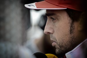 Alonso in a pensive mood on Friday. The Ferrari driver topped the time sheets in the First practice. An FIA image