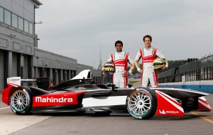 Karun Chandhok and Bruno Senna (right) pose with the Mahindra Formula E car on Thursday. An Adrenna Communications image