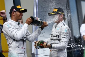 Hamilton *lef) had to be content with a second place as Rosberg extended his championship lead. A Mercedes AMG Petronas image