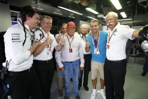 Niki Lauda, Lukas Pdolski, Dr. Dieter Zetsche with other team members ahead of German GP. A Mercedes AMG Petronas image