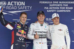Vettel, P2, Left, and Bottas, right, P3, flank Roseberg after he took pole at the Hungary GP qualifying on Saturday. A Mercedes AMG Petronas image