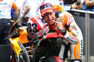 Marc Marquez celebrates after winning his 10th title of the season from 10 races in Indianapolis. A Honda image