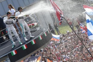 Hamilton celebrates with Rosberg (2nd) after winning the Italian GP at Monza on Sunday. A Mercedes AMG Petronas image