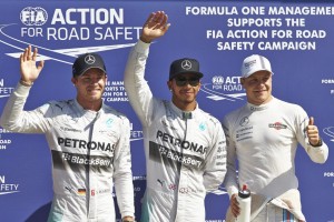 Poleman Lewis Hamilton flanked by championship leader and teammate Nico Rosberg to his right and Valteri Bottas to his left at Monza on Saturday. An AMG Mercedes Petronas image