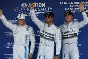 From left: Valtteri Bottas (P3), Hamilton (pole) and Rosberg (P3) after qualies on Saturday in Sochi, Russia. An FIA image