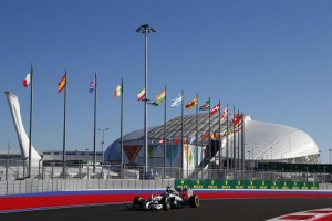 Hamilton races with the Sochi stadium in the background on way to pole position on Saturday. A Mercedes AMG Petronas image