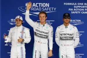 Nico Rosberg takes Brazilian pole. Massa (left) takes P3 and Hamilton raring to go from P2. A Mercedes AMG Petronas image
