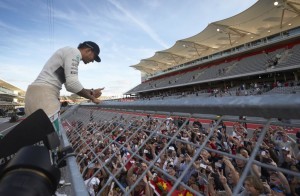 Hamilton celebrates and thanks fans after winning the US GP in Austin on Sunday (Monday morning IST). A Mercedes AMG Petronas image
