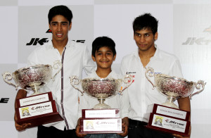 (Left to Right) Ricky Donison (Junior Max), Yash Aradhya (Micro Max) and Ameya Bafna (Senior Max), winners of the championships in their respective categories in the 11th JK Tyre-FMSCI National Karting Championship which concluded in Visakhapatnam on Sunday.Image courtesy Anand Philar