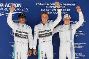 Nico Roseberg of Mercedes takes pole and is flanked by Hamilton on his right (P2) and Bottas in Austin on Saturday. An AMG Mercedes Petronas team photo