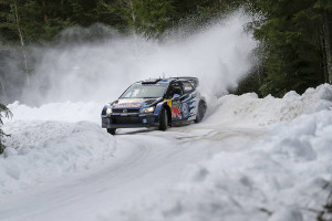 Sebastian Ogier and Julien Ingrassia at the Shakedown in Kristad, Sweden on Thursday. A Volkswagen Motorsport image.