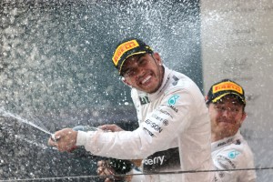 Hamilton celebrates after winning the Chinese GP on Sunday. A Mercedes AMG Petronas image