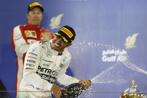 Hamilton tries to spray rosewater after winning the Bahrain GP ahead of Kimi Raikkonen on Sunday. A Mercedes AMG Petronas image.