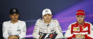 Nico Rosberg (centre) flanked by Vettel (left) and teammate Hamilton at the FIA Sunday press conference after winning the Monaco GP. An FIA image