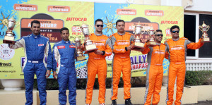 Overall winners in the Mahindra Adventure Rally of Maharashtra which concluded in Nashik on Sunday Gaurav Gill and co-driver Musa Sherif (middle) flanked by second placed Arjun Rao Aroor (extreme left) and Sathish Rajagopal, and third placed Amittrajit Ghosh and Ashwin Naik (right). Image by Anand Philar