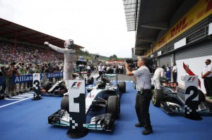 Hamilton greets the crowd after winning the Belgian GP on Sunday. An FIA image