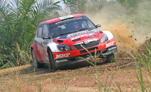 Sweden’s Pontus Tidemand of Team MRF who finished Leg – 1 in the lead in the fourth round of the Asia Pacific Rally Championship in Johor Bahru, Malaysia, on Saturday. Image by Anand Philar