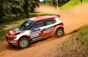 Pontus Tidemand of Team MRF in action on Sunday on way to winning the Malaysian Rally, the fourth round of the FIA Asia Pacific Rally Championship, in Johor Bahru on Sunday. Image by Anand Philar