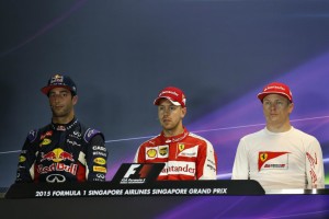 (From left) David Ricciardo, Sebastian  Vettel, Kimi Raikkonen at the FIA press conference on Saturday  at Singapore after Vettel took pole position. An FIA image.