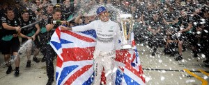 Hamilton celebrates after winning the third World title with three rounds to spare at the USGP in Austin on Sunday. An FIA image