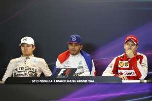  Rosberg (left), Hamilton (winner) and Vettel (left) at the US GP post-race press conference on Sunday. An FIA image 